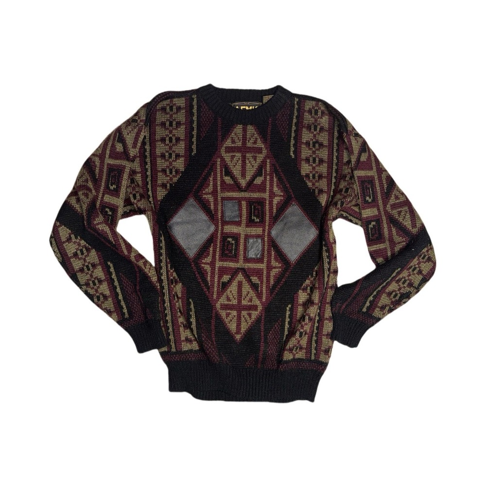 AMFK Co Moda Burgundy Brown Geometric Leather Patch Grandpa Sweater Sz L VTG 80s